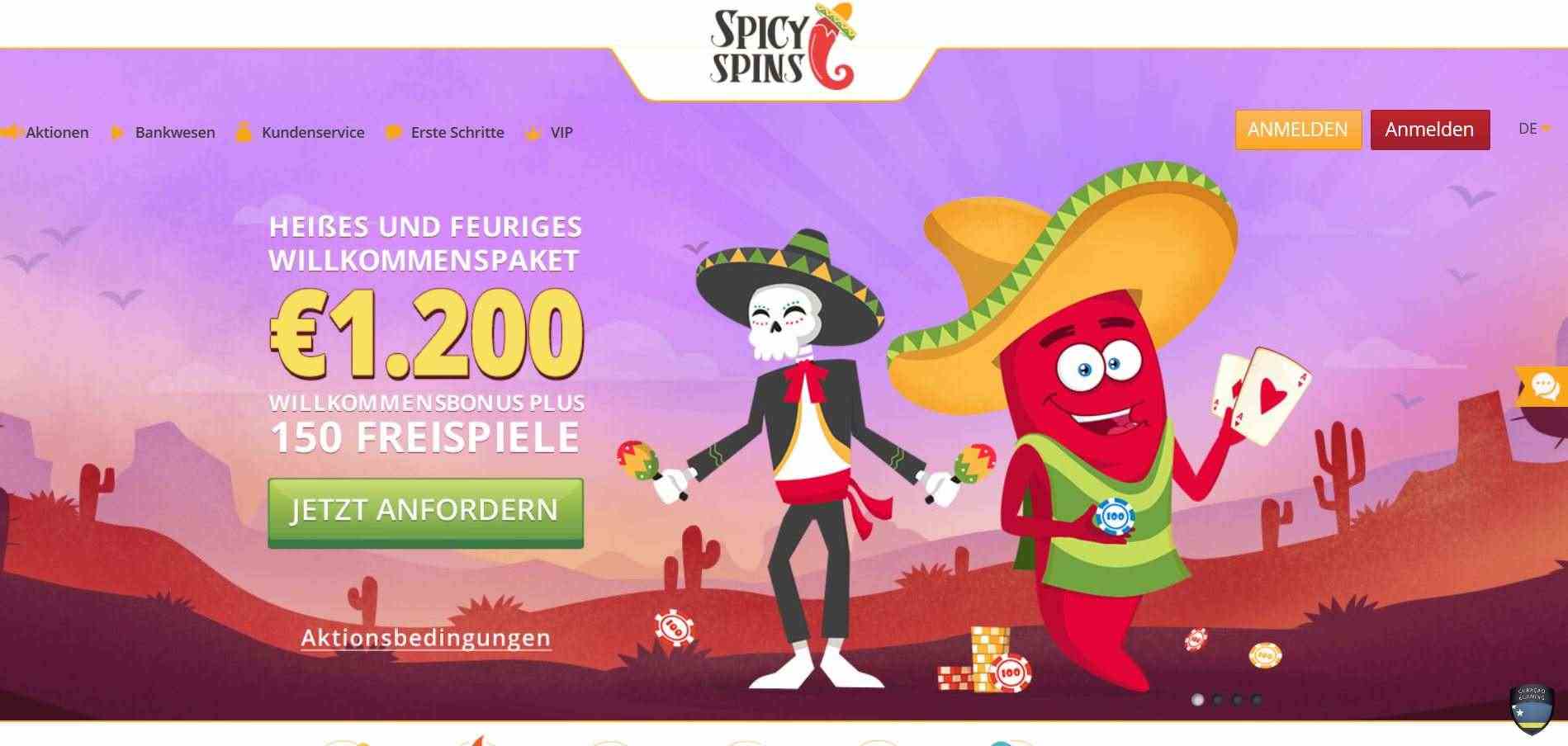 Spicy Spins Bonus bis zu 1200€ gratis + Freispiele