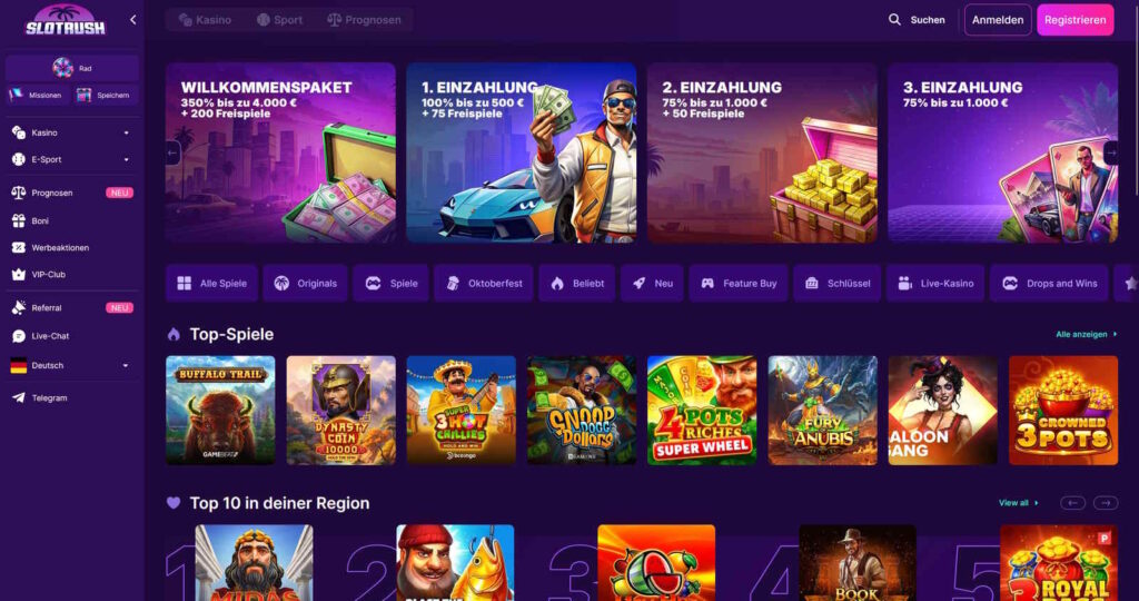 SlotRush 10 Startseite des SlotRush Casinos